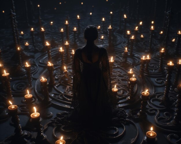 Zdjęcie kobieta stojąca przed świecami w ciemnym pokoju