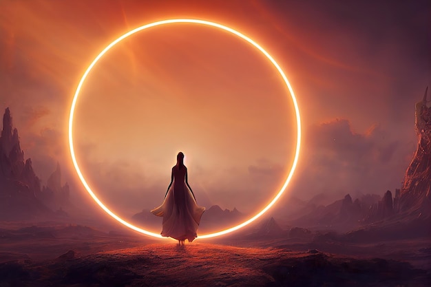 Kobieta stojąca w kręgu światła i gór na horyzoncie pod mglistym wieczornym niebem ilustracja 3d