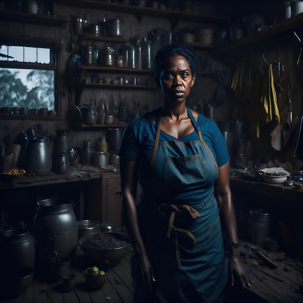 kobieta stojąca w kuchni obok garnków i patelni