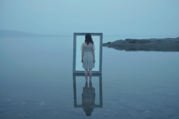 Zdjęcie kobieta stojąca w lustrze z napisem lustro.