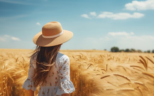 Kobieta stojąca w Wheatland w kapeluszu AI