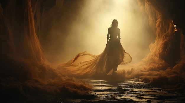 kobieta stojąca we mgle z tajemniczym tłem fantasy tajemnicza scena fantasy fantasy