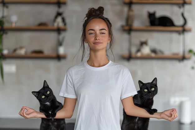 Kobieta stojąca z dwoma czarnymi kotami