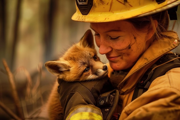 Zdjęcie kobieta strażak w pełnym wyposażeniu ratuje liska z pożaru lasu