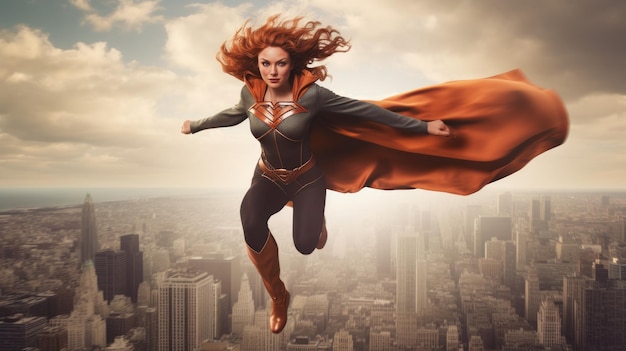 Kobieta superbohatera z czerwoną peleryną przelatuje nad miastem gestem superbohatera Malownicza