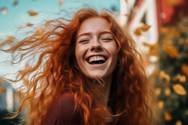 Zdjęcie kobieta szczęśliwa w parku portret twarzy włosy młody uśmiech piegi czerwone piękno generatywna sztuczna inteligencja