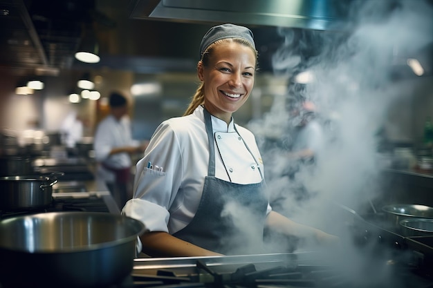 Kobieta szef kuchni dobrze się bawi podczas przygotowywania jedzenia w kuchni w restauracji