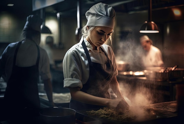 kobieta szef kuchni pracująca w nowoczesnej kuchni restauracji w stylu nastrojowego i nastrojowego oświetlenia