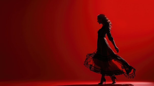 Zdjęcie kobieta tańcząca flamenco na czerwonym tle