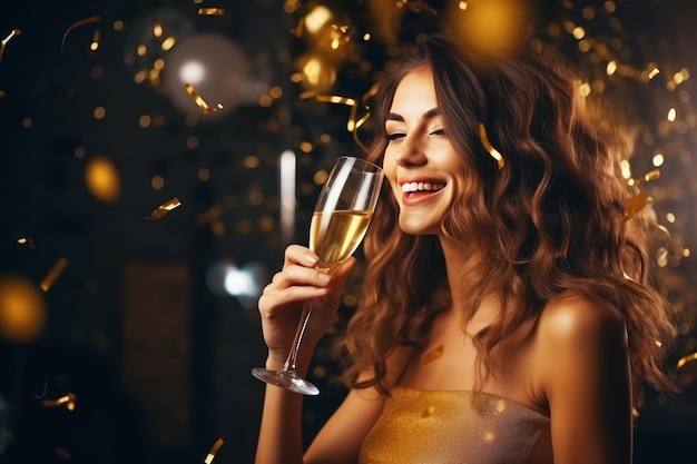 Zdjęcie kobieta tańcząca i pijąca szampana z konfetami