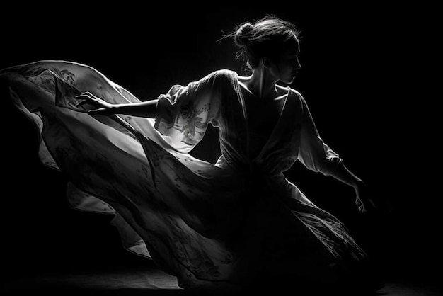 Kobieta tańcząca w ciemności w białej sukience