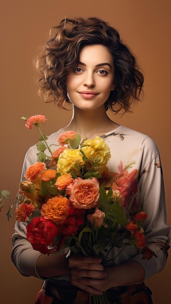 Kobieta trzyma bukiet kwiatów kwiaciarnia krótkie kręcone włosy