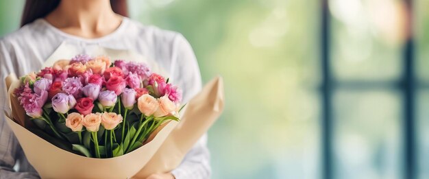 Kobieta trzyma bukiet kwiatów.