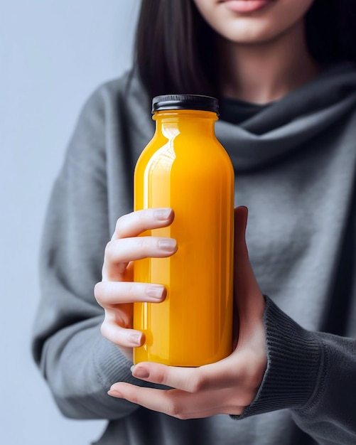 Zdjęcie kobieta trzyma butelkę soku pomarańczowego.