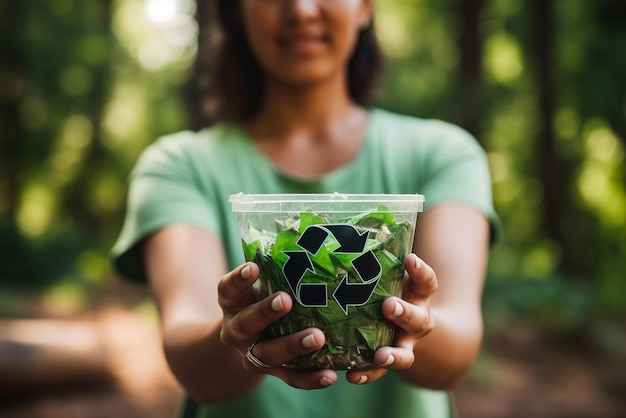 Zdjęcie kobieta trzyma koncepcję recyklingu pojemników na śmieci recykling recykling plastikowych opakowań bez śmieciowego jedzenia