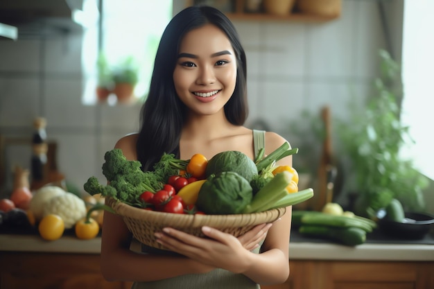 Kobieta trzyma kosz warzyw w swojej kuchni