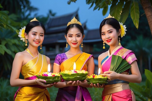 Zdjęcie kobieta trzyma krathongs i nosi tajskie kostiumy loy kratong festival