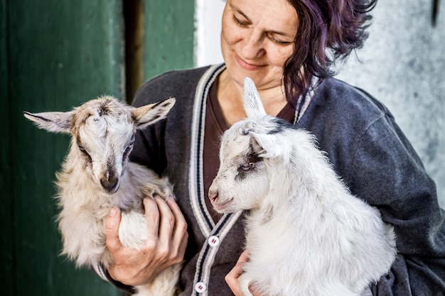Zdjęcie kobieta trzyma na rękach małe kozy. miłość do zwierząt domowych. praca ludzi w rolnictwie na farmie