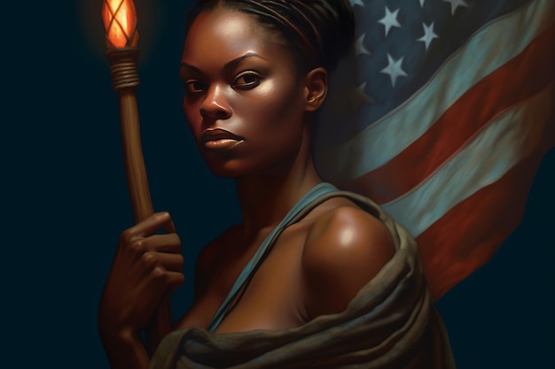 Kobieta trzyma pochodnię i amerykańską flagę
