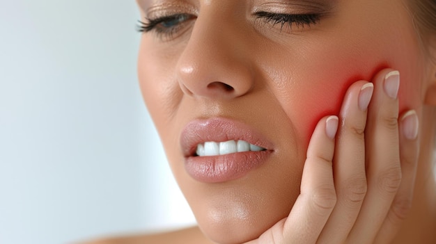 Kobieta trzyma policzek podczas bólu zębów, przedstawiając dyskomfort i ból doświadczany podczas problemów z zębami, podkreślając potrzebę opieki i leczenia zdrowia jamy ustnej