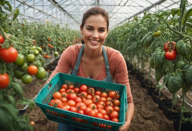 Kobieta trzyma skrzynkę świeżo zebranych pomidorów w szklarni obraz produktywności i