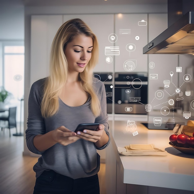 Kobieta trzyma smartfon z technologią inteligentnego domu