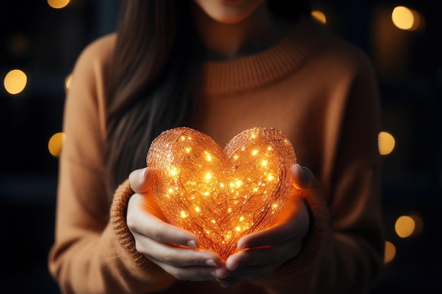 Kobieta trzyma w dłoniach świecące serce na rozmytym tle ze światłami bokeh Koncepcja miłości i romantycznych emocji