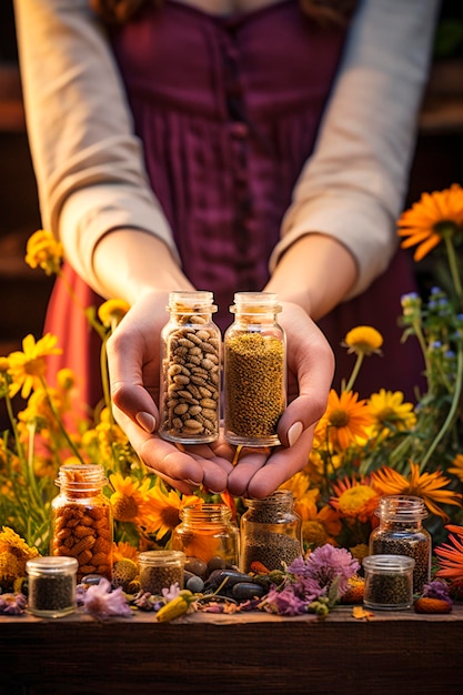 Kobieta trzyma w rękach suplementy z ziołami i kwiatami Generative AI Nature