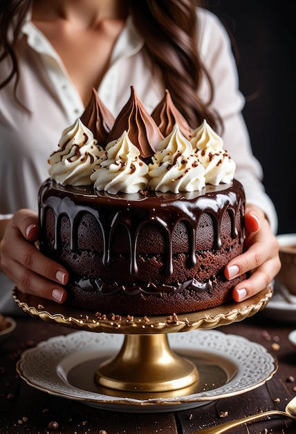 Kobieta trzymająca ciasto czekoladowe z słowami czekolada na nim