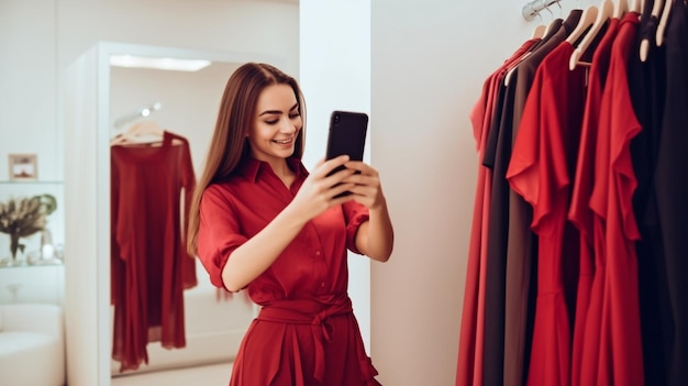 Kobieta trzymająca czerwoną sukienkę i wpatrująca się w wyświetlacz iPhone'a z wieszakiem na ubrania, przymierzająca nowe rzeczy Generacyjna sztuczna inteligencja