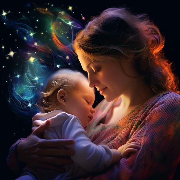 kobieta trzymająca dziecko i świecące tło z napisem „dziecko”.