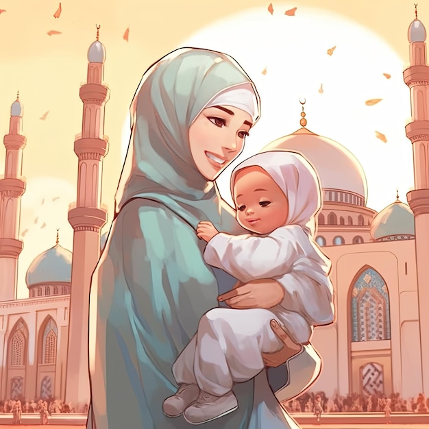 Kobieta trzymająca dziecko przed meczetem