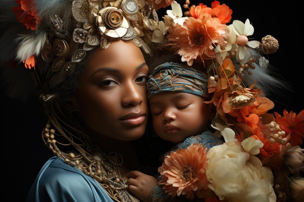 Kobieta trzymająca dziecko ubrana w generatywny obraz ai nakrycia głowy w kwiaty