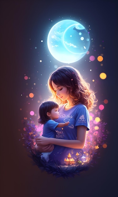 Kobieta trzymająca dziecko w ramionach piękna, świecąca ilustracja