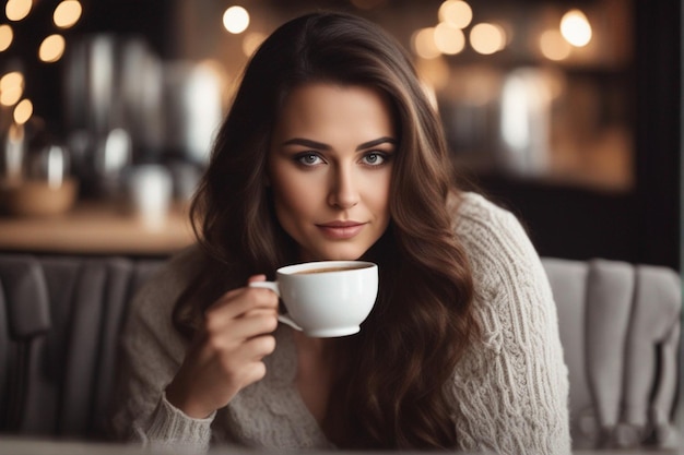 Kobieta trzymająca filiżankę kawy z zdjęciem jej twarzy.