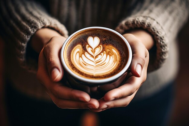 Zdjęcie kobieta trzymająca filiżankę latte art z wzorem w kształcie serca na górze