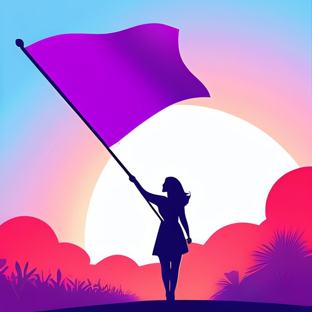 Zdjęcie kobieta trzymająca fioletową flagę dzień kobiet silne kobiety