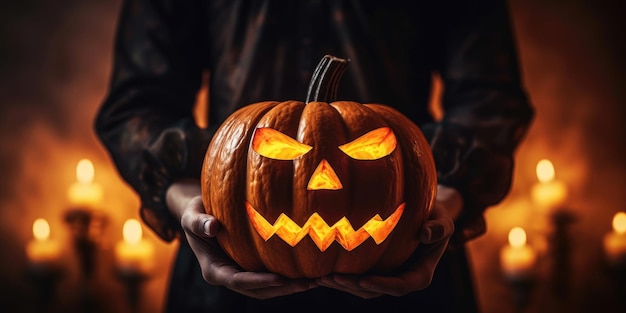 Kobieta trzymająca halloween pomarańczowy dyni widok z przodu zbliżenie Generative AI