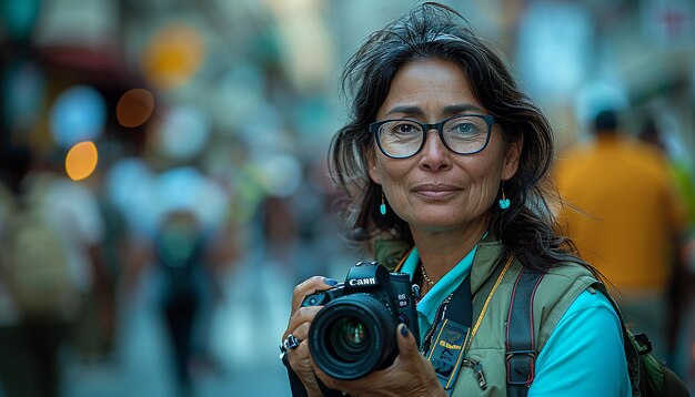 kobieta trzymająca kamerę z obiektywem kamery