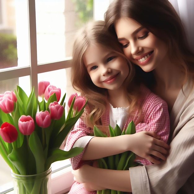 Kobieta trzymająca małą dziewczynkę i uśmiechająca się z tulipanami