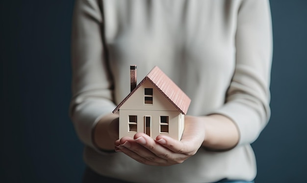 Kobieta trzymająca mały dom modelowy, która marzy o posiadaniu własnego domu. Tworzenie przy użyciu generatywnych narzędzi sztucznej inteligencji