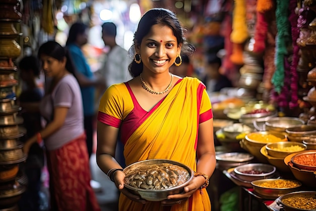 Kobieta trzymająca miskę jedzenia na targu
