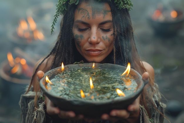 Kobieta trzymająca miskę ze świecami