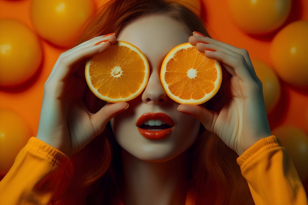 Kobieta trzymająca pomarańczę nad oczami