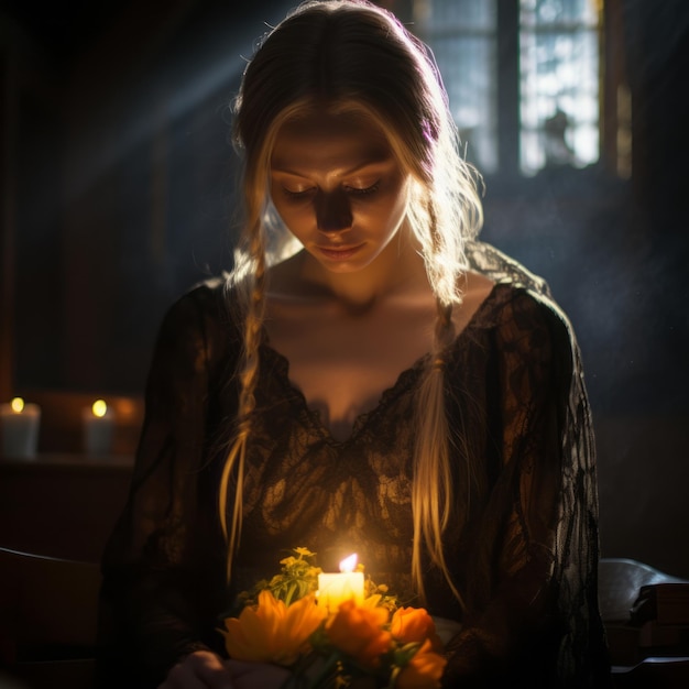 kobieta trzymająca przed sobą świecę