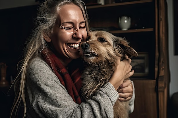 Kobieta trzymająca psa w ramionach Generative Ai