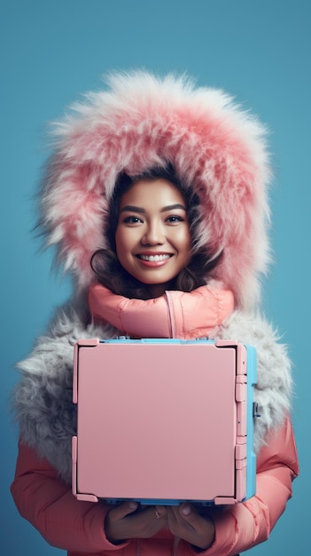 Kobieta trzymająca pudełko w zimowych ubraniach