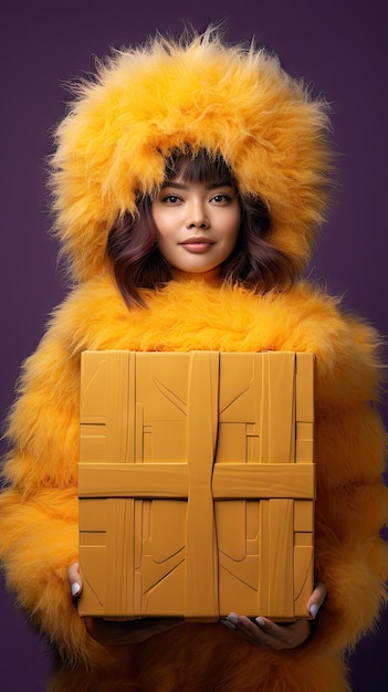 Zdjęcie kobieta trzymająca pudełko w zimowych ubraniach