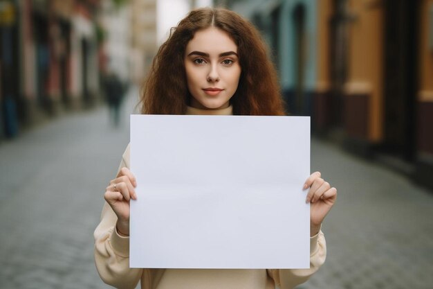 Zdjęcie kobieta trzymająca pusty arkusz papieru w rękach