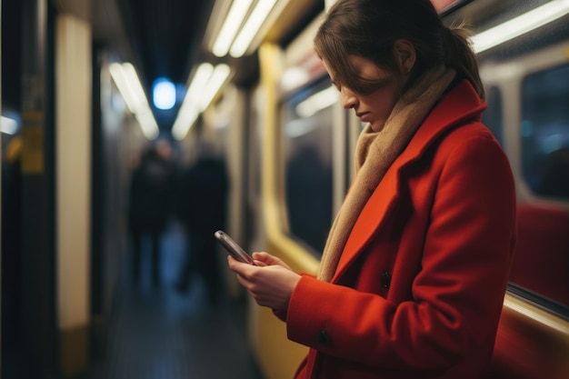 Kobieta trzymająca smartfon w pociągu lub koncepcji komunikacji technologicznej w tle miasta